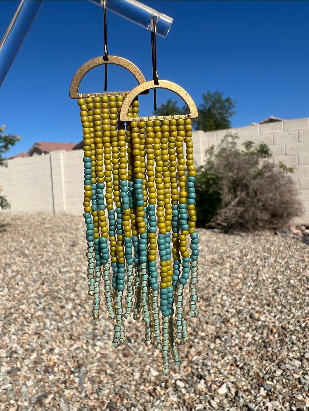 Boho Seed Bead Fringe Earrings in Yellow and Teal